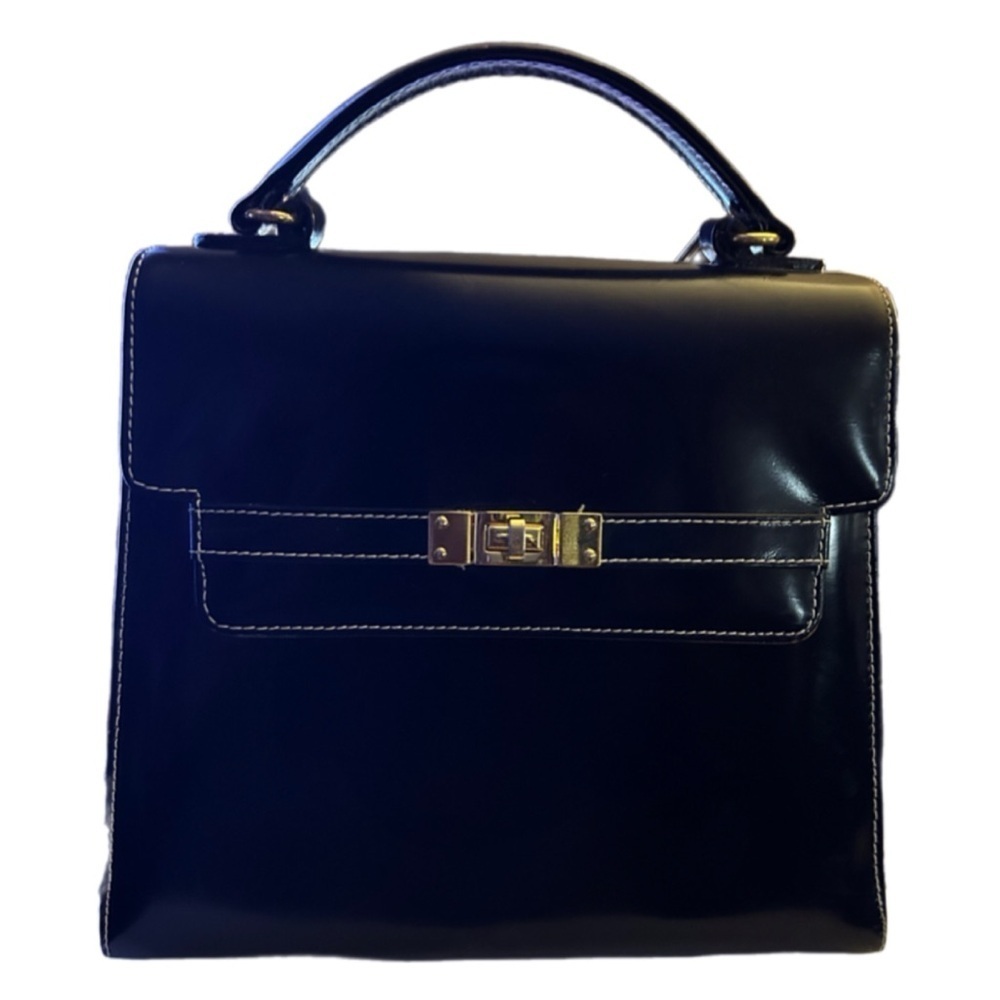 Vintage 90s Talbots Black Leather Front Clasp Classic Minimalist Bag